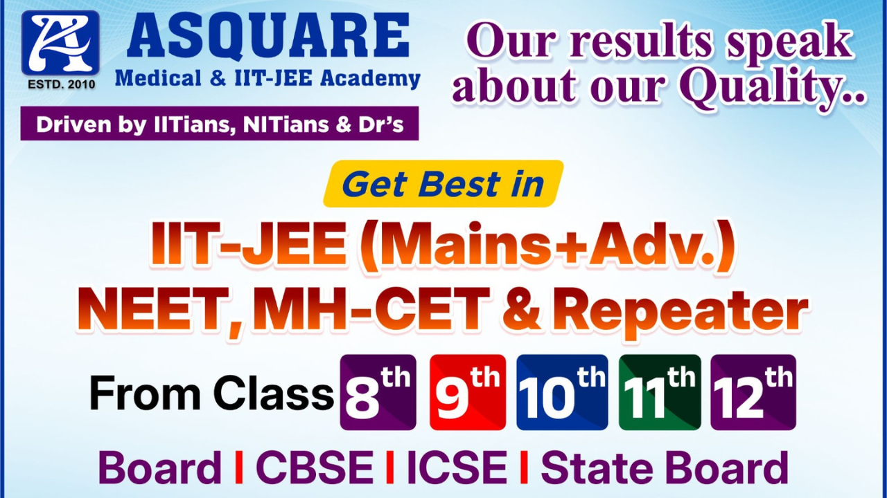 "ASQUARE Medical & IIT-JEE Academy promotional banner featuring top student achievers in JEE, NEET, and MH-CET exams. Highlights coaching from Class 8 to 12 for IIT-JEE, NEET, MH-CET & Repeater batches across CBSE, ICSE, and State Boards. Includes center contact details for Vishrantwadi, PCMC, Pimple Saudagar, Hadapsar, and Wanwadi."